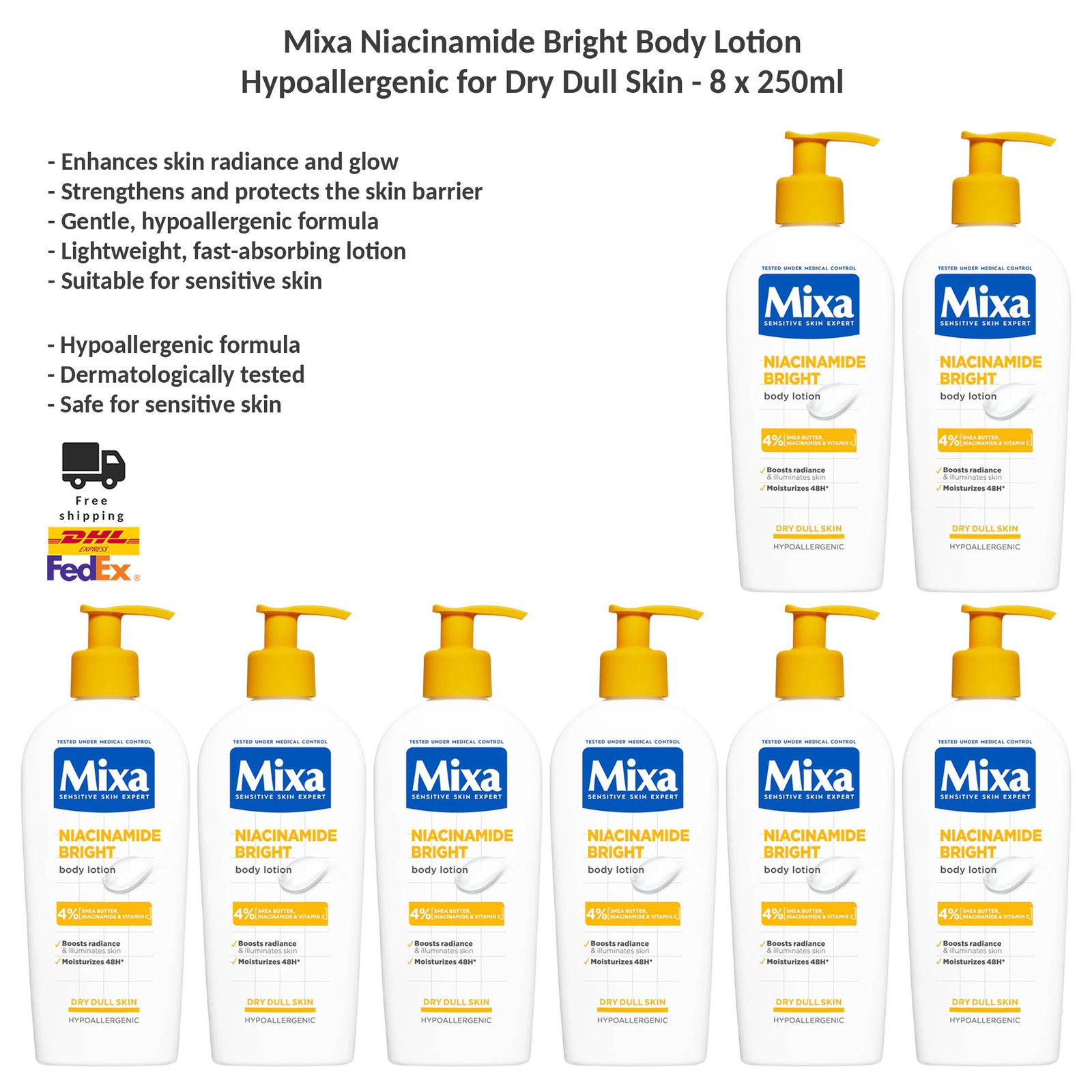Mixa Niacinamide Bright Body Lotion Hypoallergenic for Dry Dull Skin 8x250ml