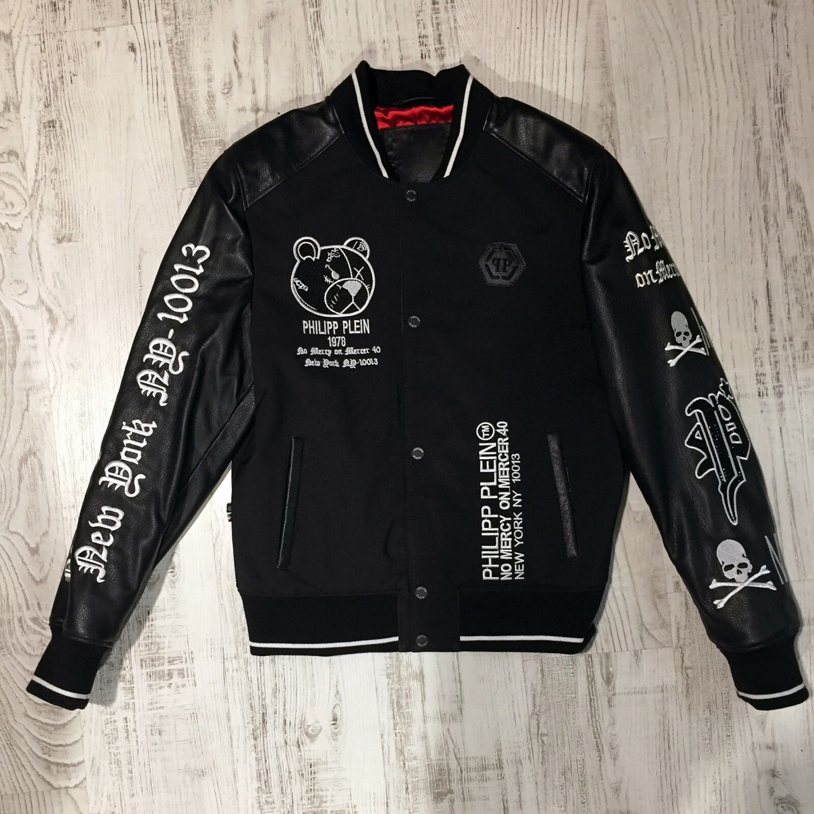 PHILIPP PLEIN PHILIPP PLEIN TEDDY BEAR CRYSTAL PRINTED MEN'S GENUINE LEATHER SLEEVES JACKET