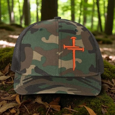 Jesus Christ Christian 3 Nail Cross Camo 112 Mesh Back hat & Challenge Coin