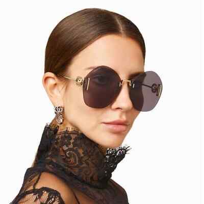 Pre-owned Gucci Gg1203s 002 Shiny Gold Dark Grey Lens Women Sunglasses Authentic In Gray