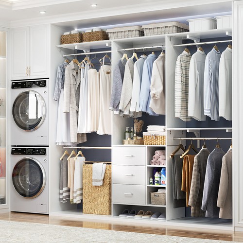 63-108in Closet System with 3 Wooden Drawers ＆ 5 Hanging Rods for Walk-in Closet