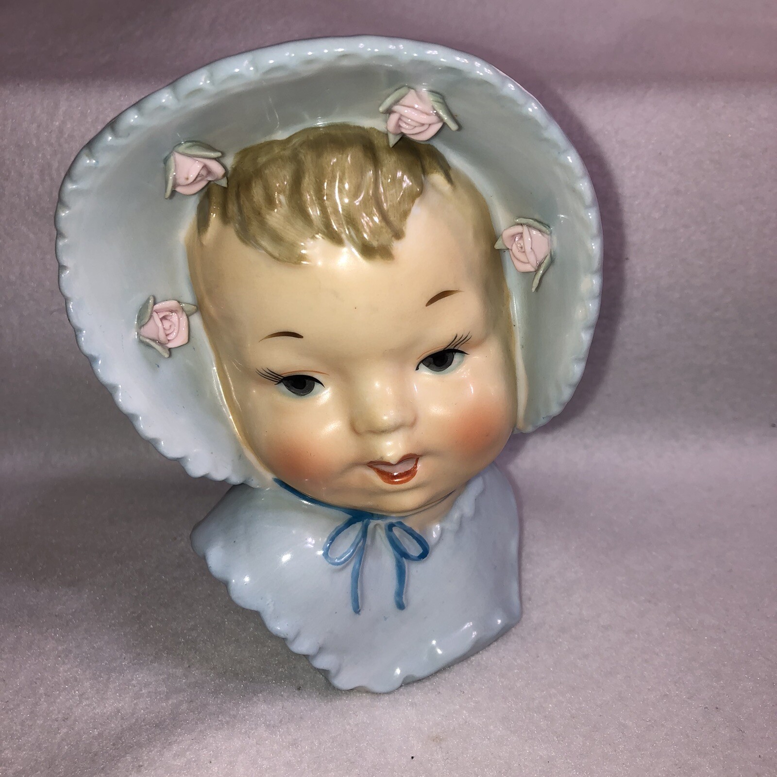 Vintage Ucagco Japan Baby Face Head Vase Blue Planter Label Attached
