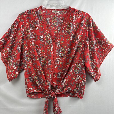 Max Studio Top Womens Red Floral Top Tie Front Kimono Sleeve size Medium