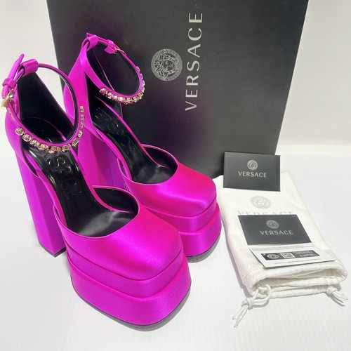 Pre-owned Versace Aevitas Platform Pink Fuchsia Satin Pump Crystal Size 38/ 8 Nwb $1,575