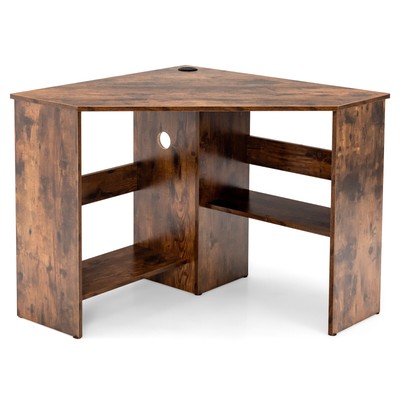 Triangle Writing Workstation Corner Computer Desk  w/ Storage Shelf Rustic Brown
