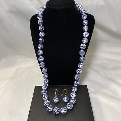 Vintage Chinese Blue & White Porcelain Bead Hand Knotted Necklace & Earrings Set