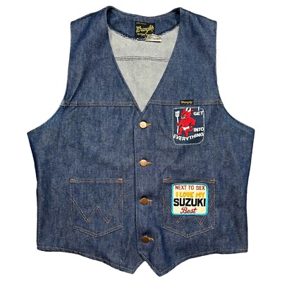 Vintage 1970's Wrangler Denim VU301NV Vest Western Custom Patches Blue Men's L