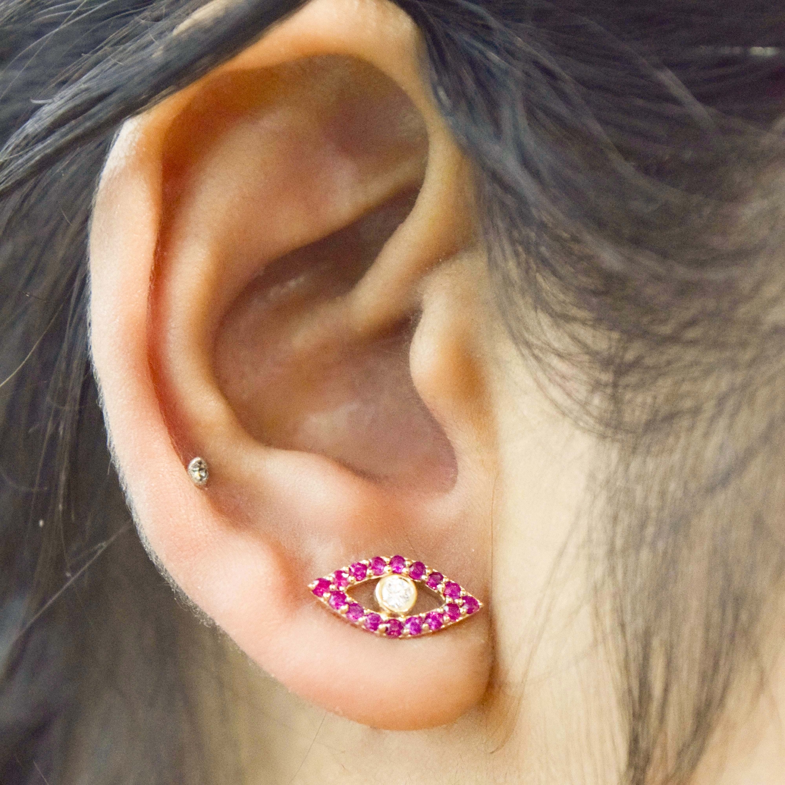 14K Gold Natural Diamond And Ruby Gemstone Evil Eye Studs Earrings-Jewelzofny