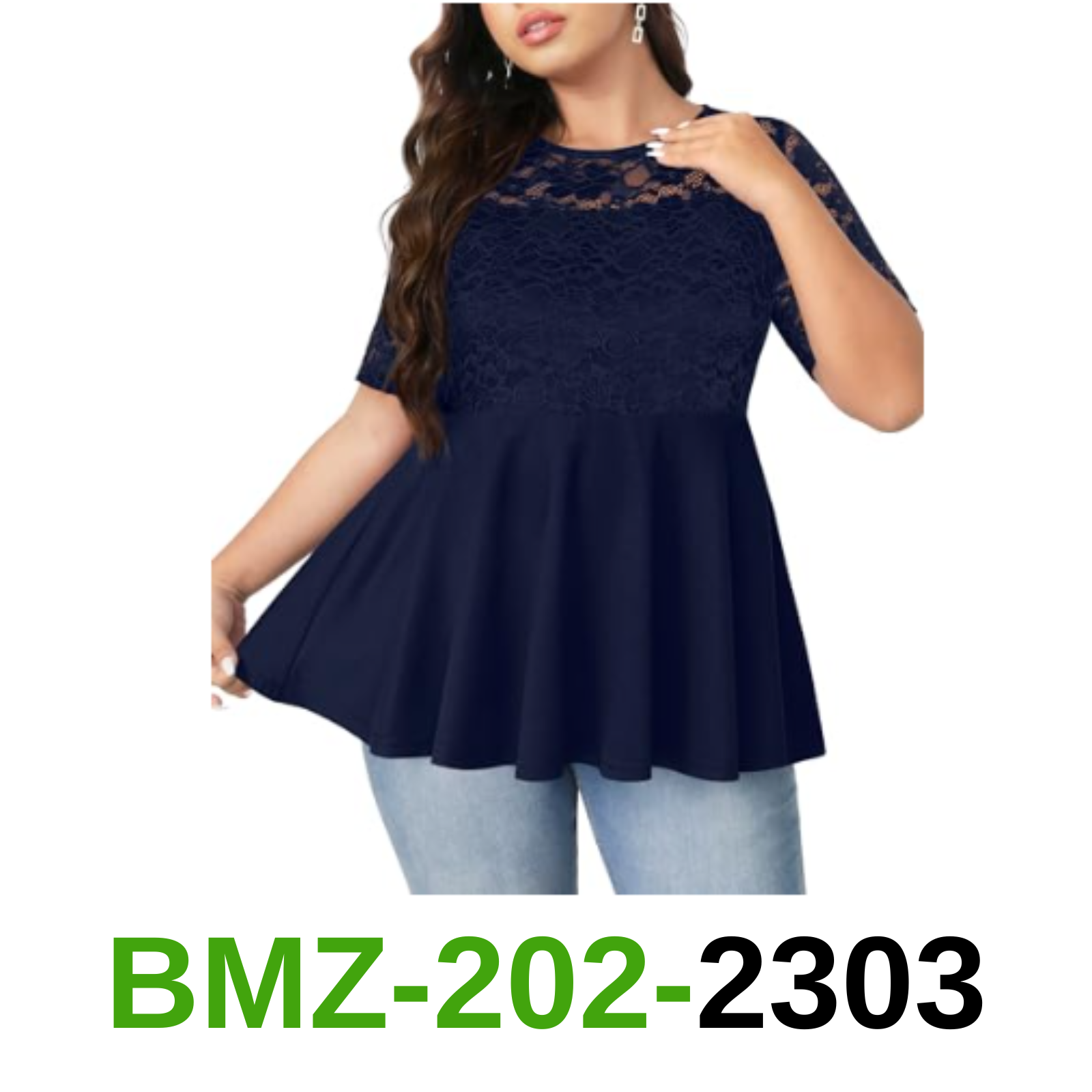 Pinup Fashion Plus Size Tops Navy Blue Tunic Short Half Sleeve Lace Summer, 4X