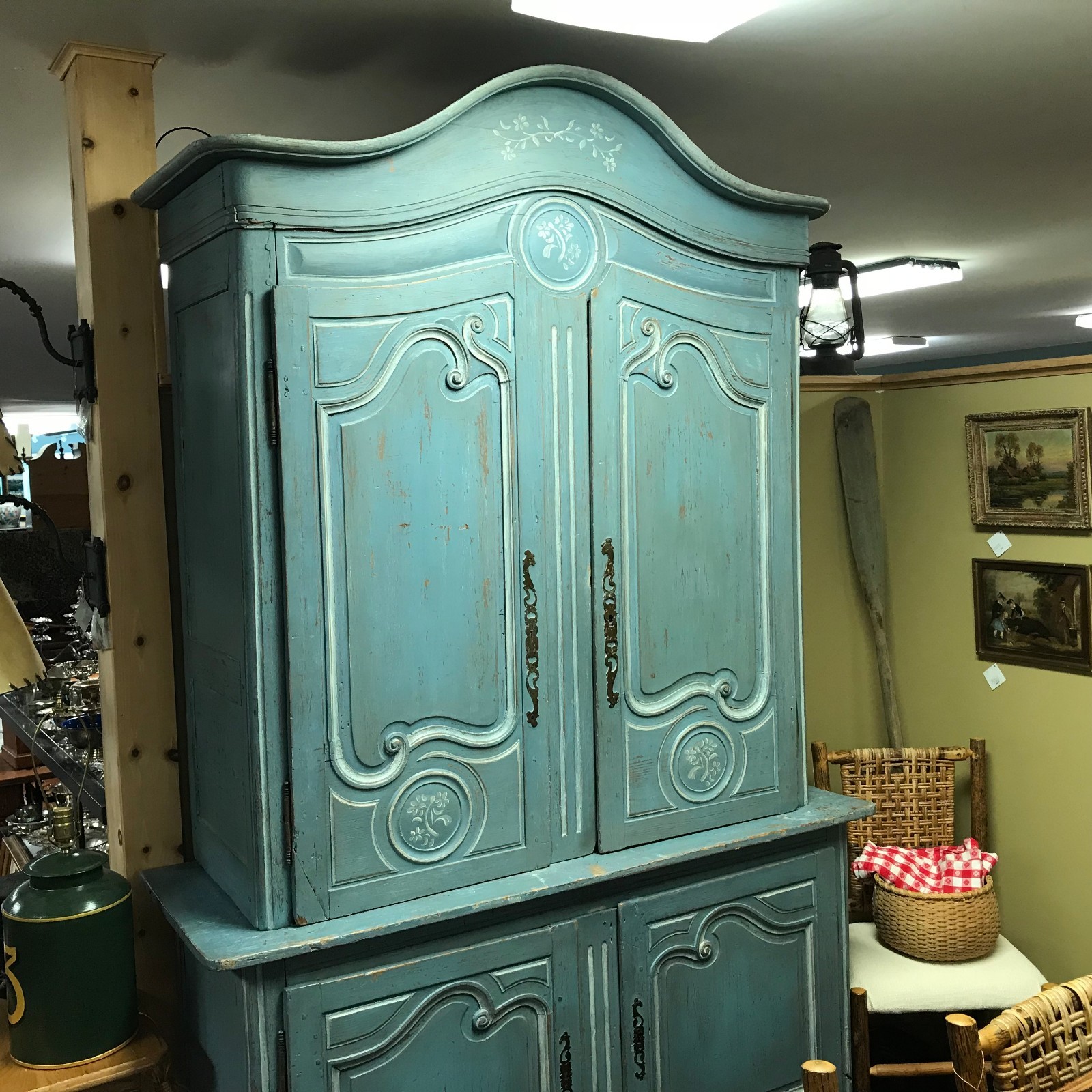 18th Century French 2 Part Cabinet / Armoire in Blue Wash