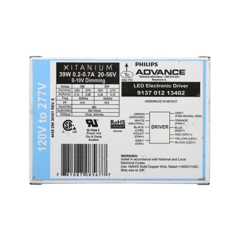 PHILIPS ADVANCE 9137-012-13402 LED ELECTRONIC BALLAST, 39W DIMMABLE LED DRIVER