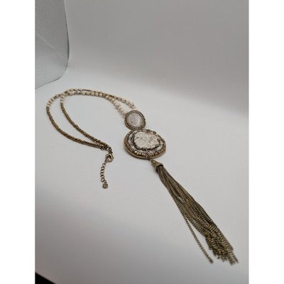 Boho Beaded Tassel Pendant Necklace White Stone Gold Tone Statement 24"
