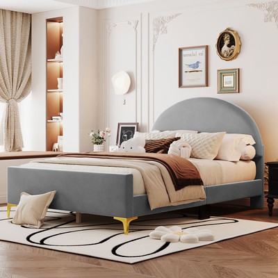 Full Size Upholstered Bed with Semi-circle Headboard & Metal Legs, Velvet