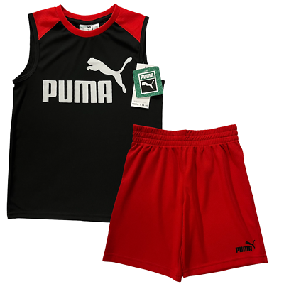 Puma Toddler Boys Shorts Tank Top Outfit Set Size 5 6 Black Red Sporty Style