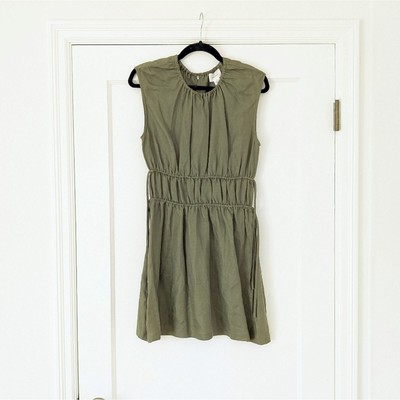 NWOT Anthropologie R.G. KANE Linen Blend Gathered Mini Dress In Olive, Size M