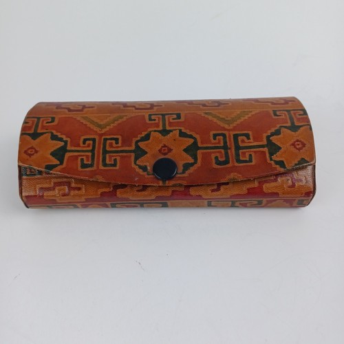 Vtg Native American Style Leather Eyeglasses Case Hard Shell