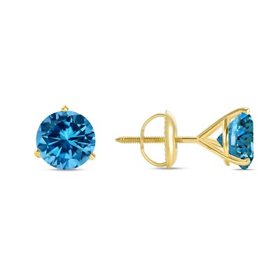 Pre-owned Shine Brite With A Diamond 5.50 Ct Round Cut Blue Earrings Studs Solid 14k Yellow Gold Screw Back Martini