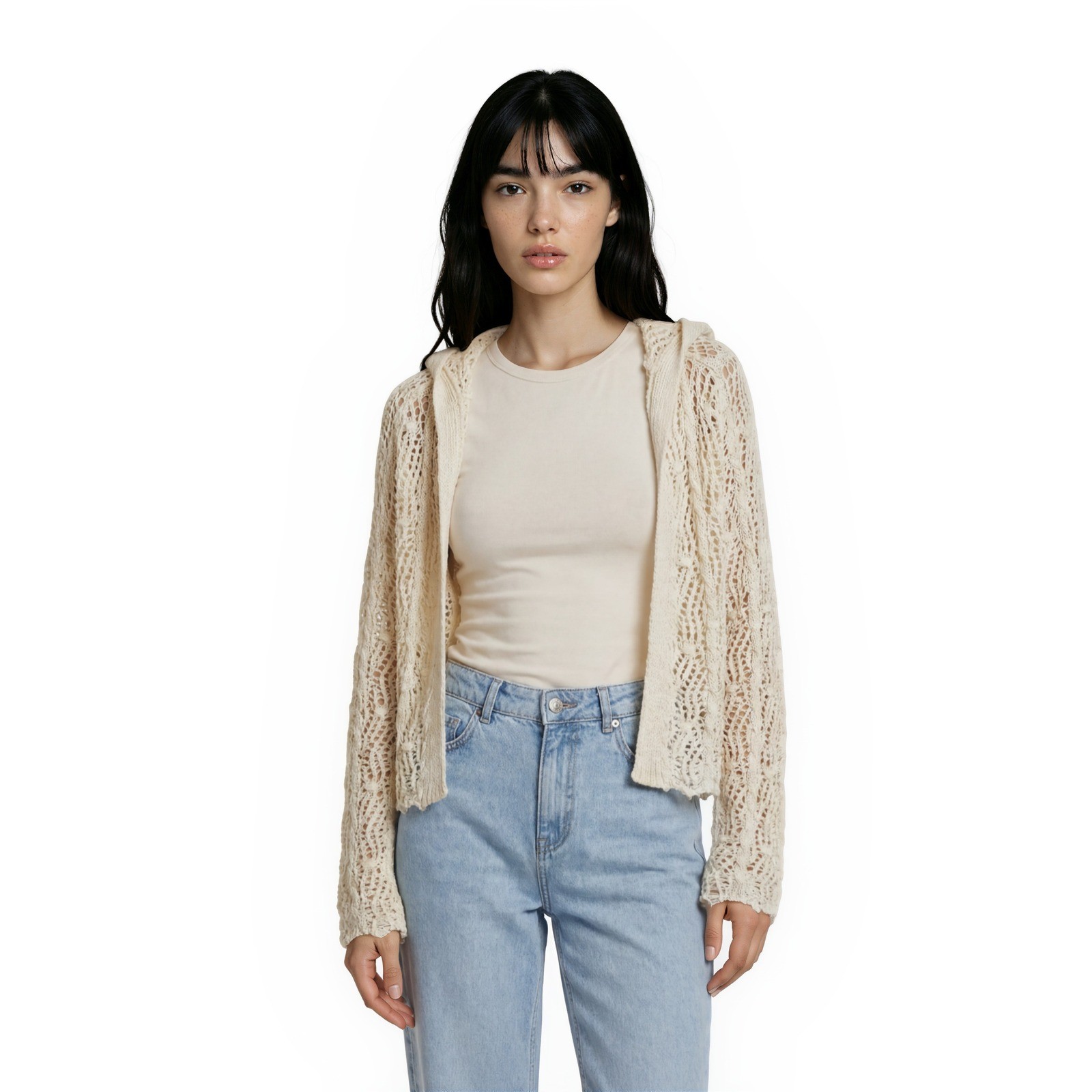 POL Hoodie Sweater Women's zone Size OS Ivory Open Knit Boho Crochet Cardigan