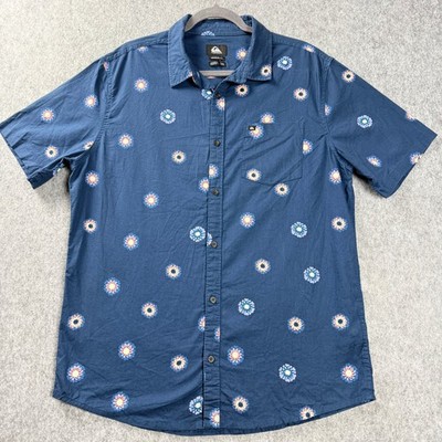 Quiksilver Mens Shirt Large Short Blue Sleeve Button Up Floral Print Beachwear