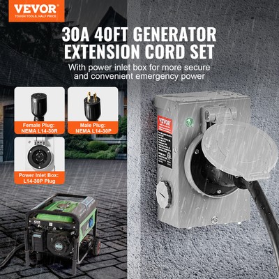 VEVOR 30 Amp Generator Cord and Power Inlet Box 40 FT NEMA L14-30P/L14-30R STW