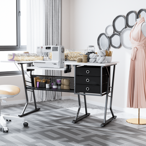 Folding Sewing Machine Table Adjustable Height Art Craft White w/Drawer Storage