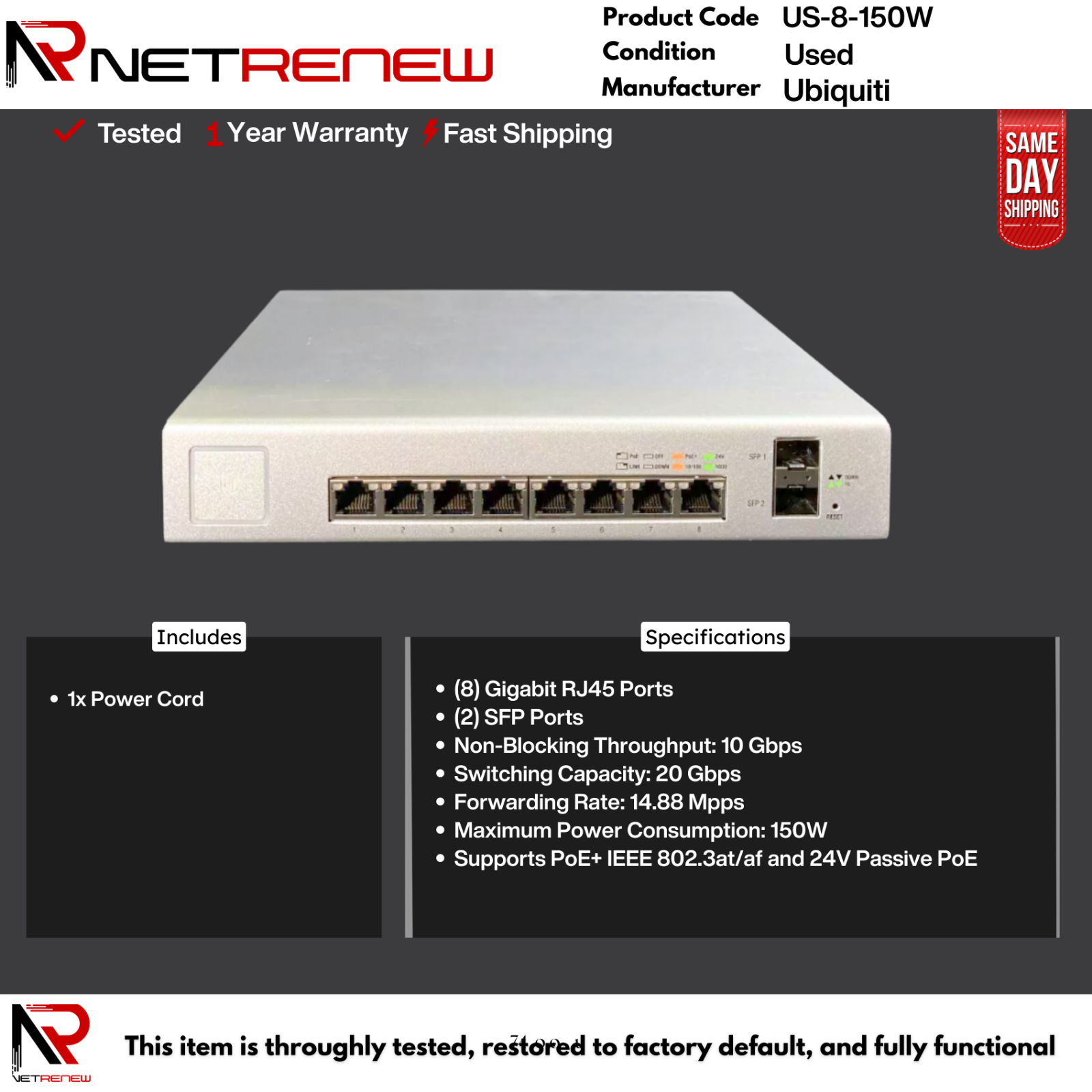 US-8-150W Ubiquiti UniFi Switch 8-Port PoE Gigabit 150W | eBay