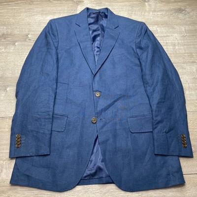 Lands End Blazer Mens A5 Blue 100% Linen Two Button Sport Coat Jacket SS16