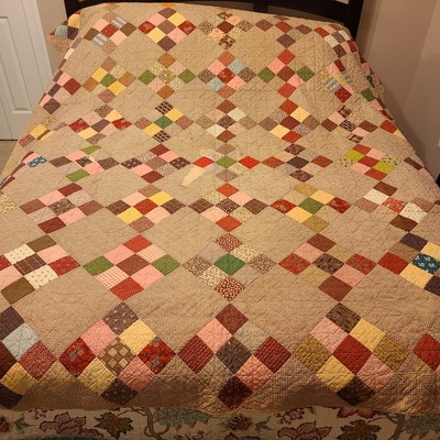Unfinished Quilt Backing and Binding Included Handmade Quilt Top 78 by 66 Turquoise Brown and Beige Prints Twin Size or Wallhanging