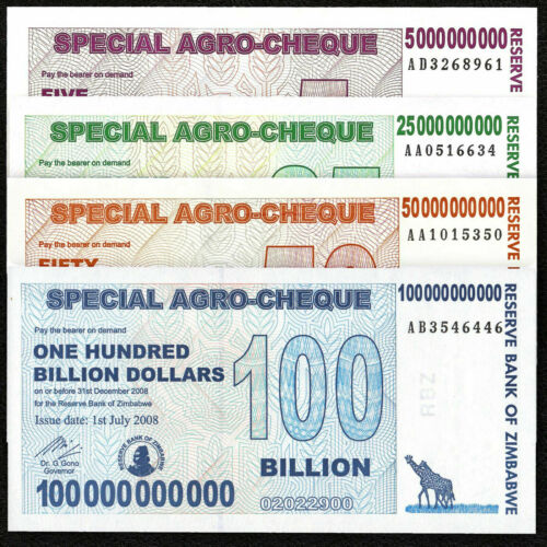 Set of 4 Zimbabwe 5 to 100 Billion Dollars Special Agro-Cheque Note 2008 UNC 