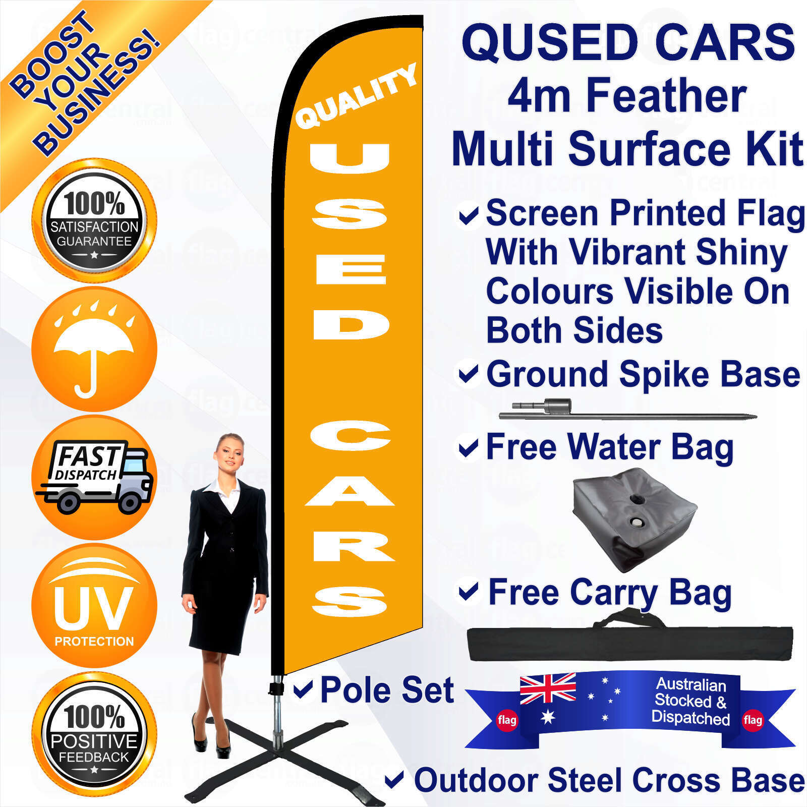 QUALITY USED CARS Orange 4m Feather Flag / Banner Kit with Pole Set, Galvanised Steel Ground Spike, Steel Outdoor Cross Base, Free 15kg Water Bag and a Free Carry Bag