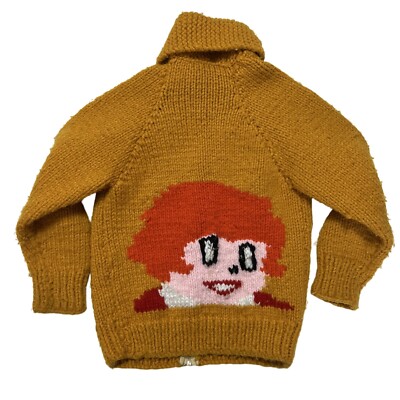 Vintage Kids Cowichan Sweater Yellow Red Haired Girl Hand Knit Cardigan 50s 60s