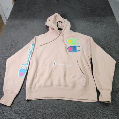 Champion Reverse Weave Hoodie Mens Medium Pink Multicolor Logo Fleece Graphic