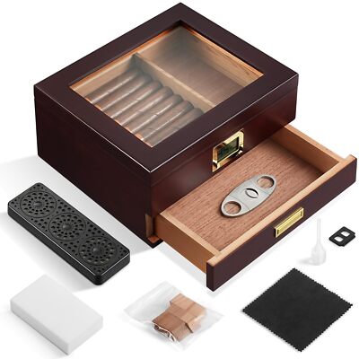 SWEWARM Handmade Cigar Humidor Box with Humidifier and Hygrometer, Cedar Wood...