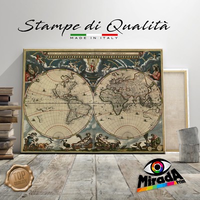 QUADRO MAPPA MONDO WORLD MAP vintage STAMPA TELA CANVAS continenti mare viaggio