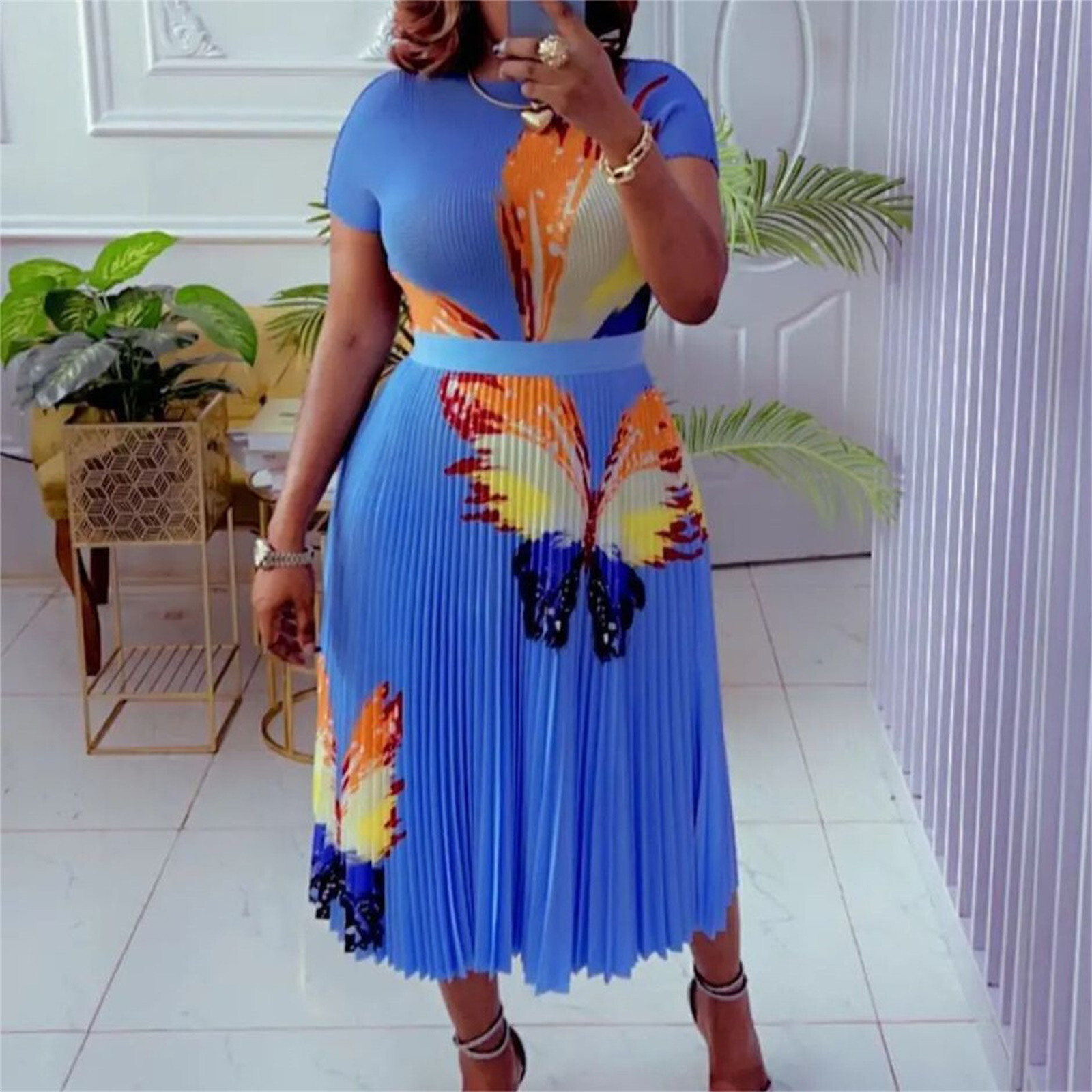 2023 Women's Summer Fashion Print T Shirt Top Big Swing Pleated Sdress Suit