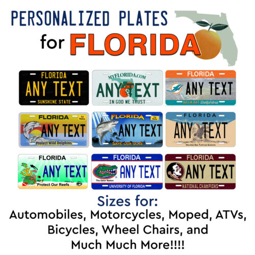 FLORIDA Personalized Custom License Plate Tag for Auto Car Bicycle ATV Bike etc