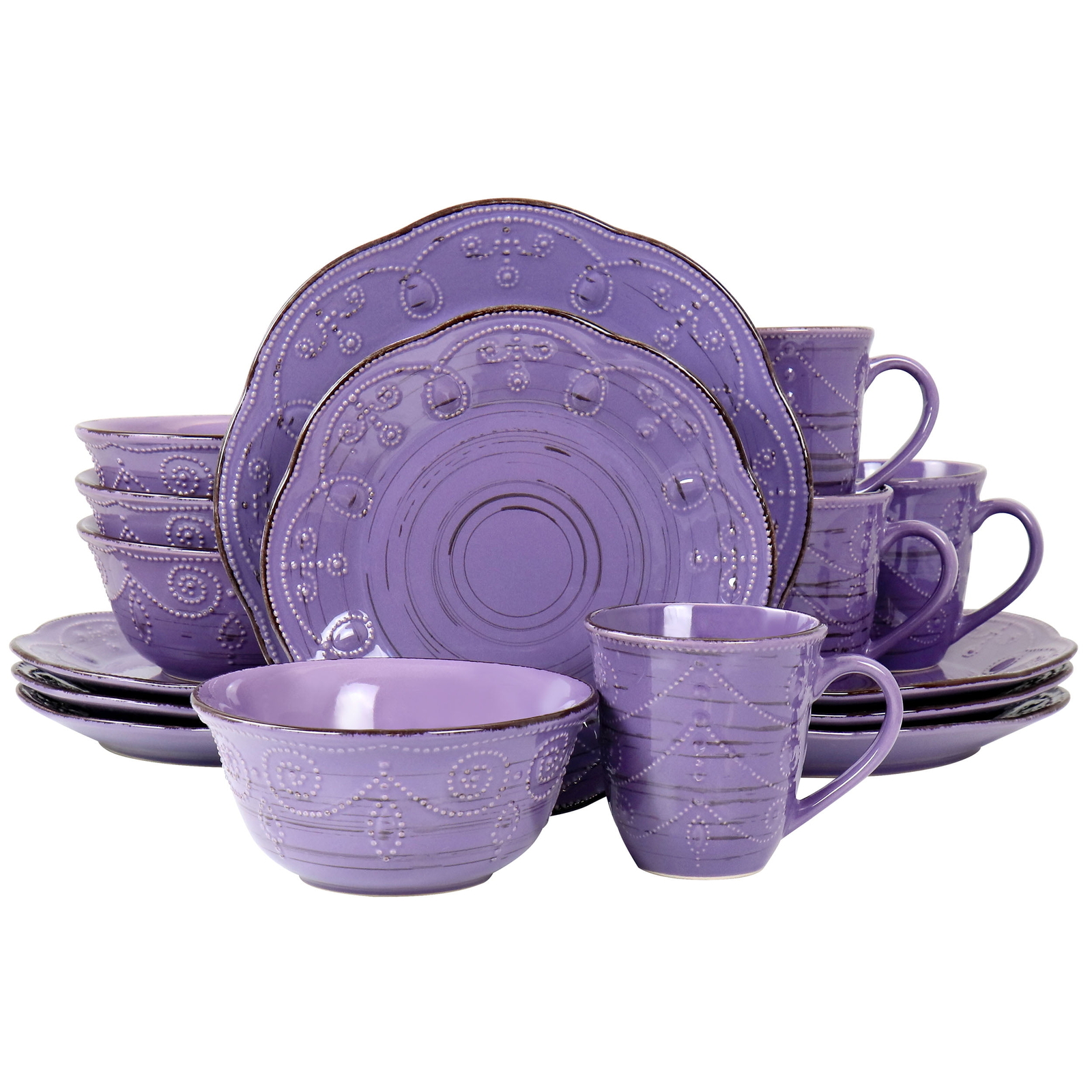 Elama Rustic Birch 16 Piece Stoneware Dinnerware Set in Purple Y09