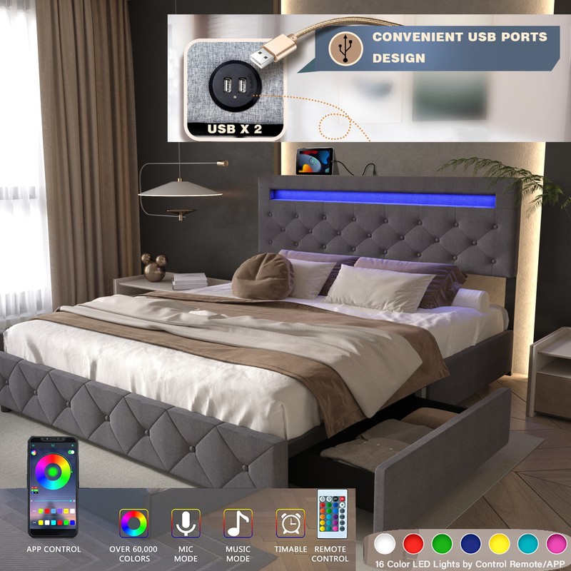 Upholstered Platform Bed With Storage Drawers Headboard