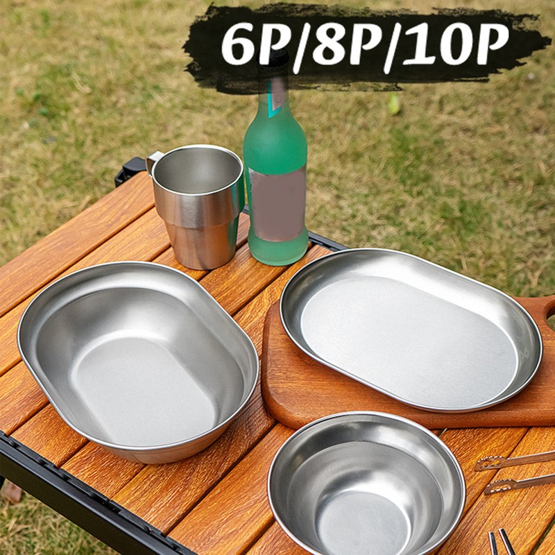 Metal Camping Plates Stainless Steel Dinnerware Set Rust-Proof Camping Serving