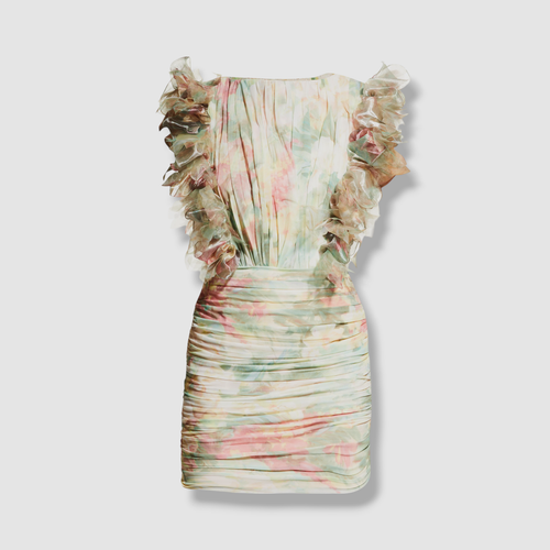 Pre-owned Raisa Vanessa $2220  Women's Green Floral-print Ruched Ruffle Mini Dress Size 38