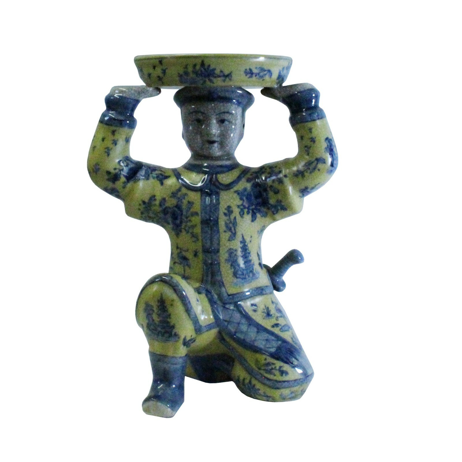 Oriental Vintage Ceramic Yellow Blue Flower Man Holding Dish Figure cs5220S Oriental Vintage Ceramic Yellow Blue Flower Man Holding Dish Figure cs5220S