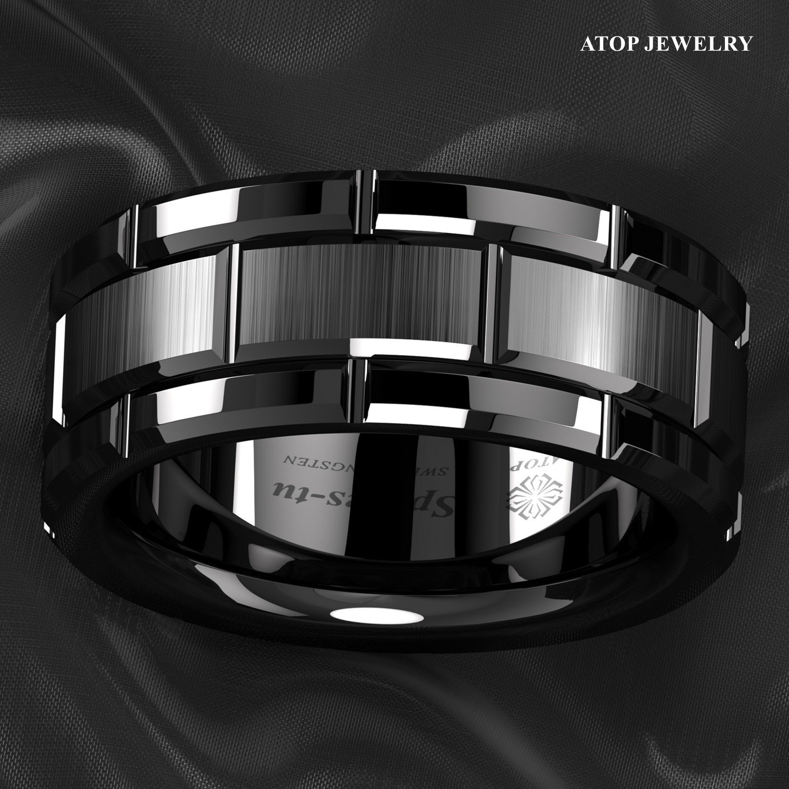 8mm Black Tungsten Carbide Ring Bushed Brick Pattern ATOP Men Wedding Band
