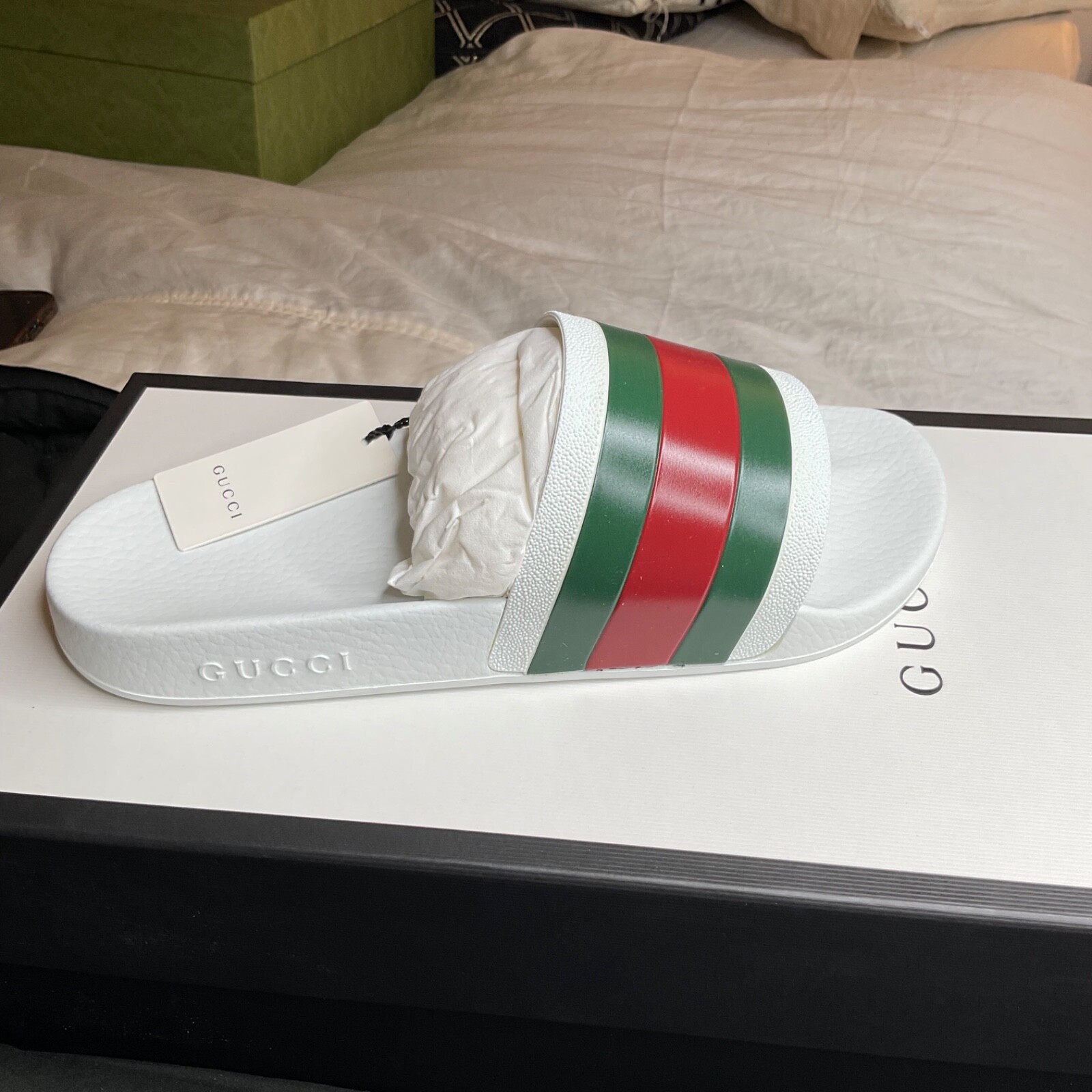 ❤️💚 GUCCI Men's Web Slide Sandal In White Rubber New Size