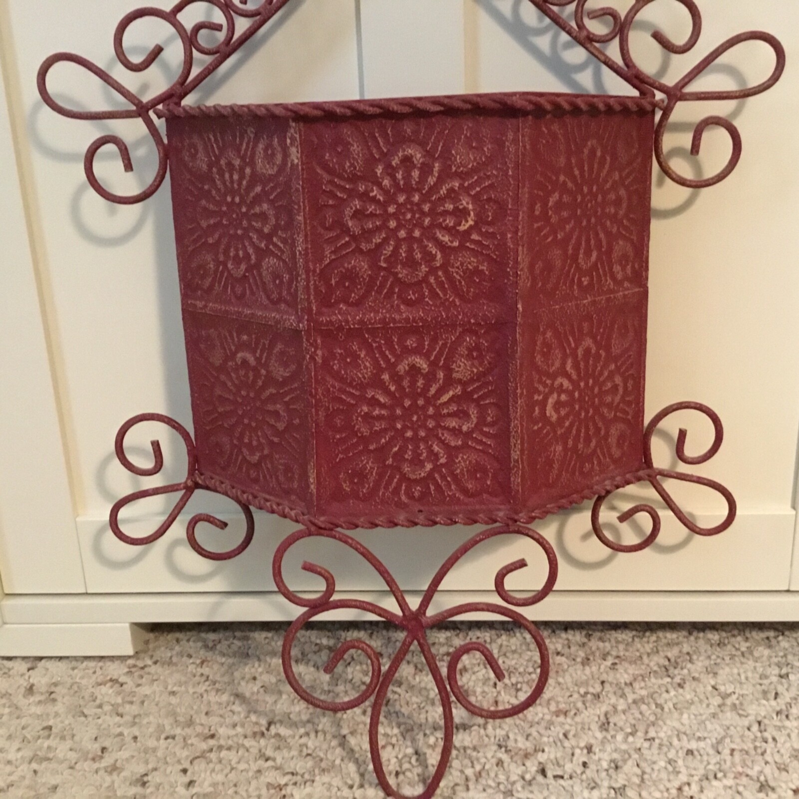 Metal Wall Pocket Distressed Embossed Pattern Wire Hanging Wall Decor Red