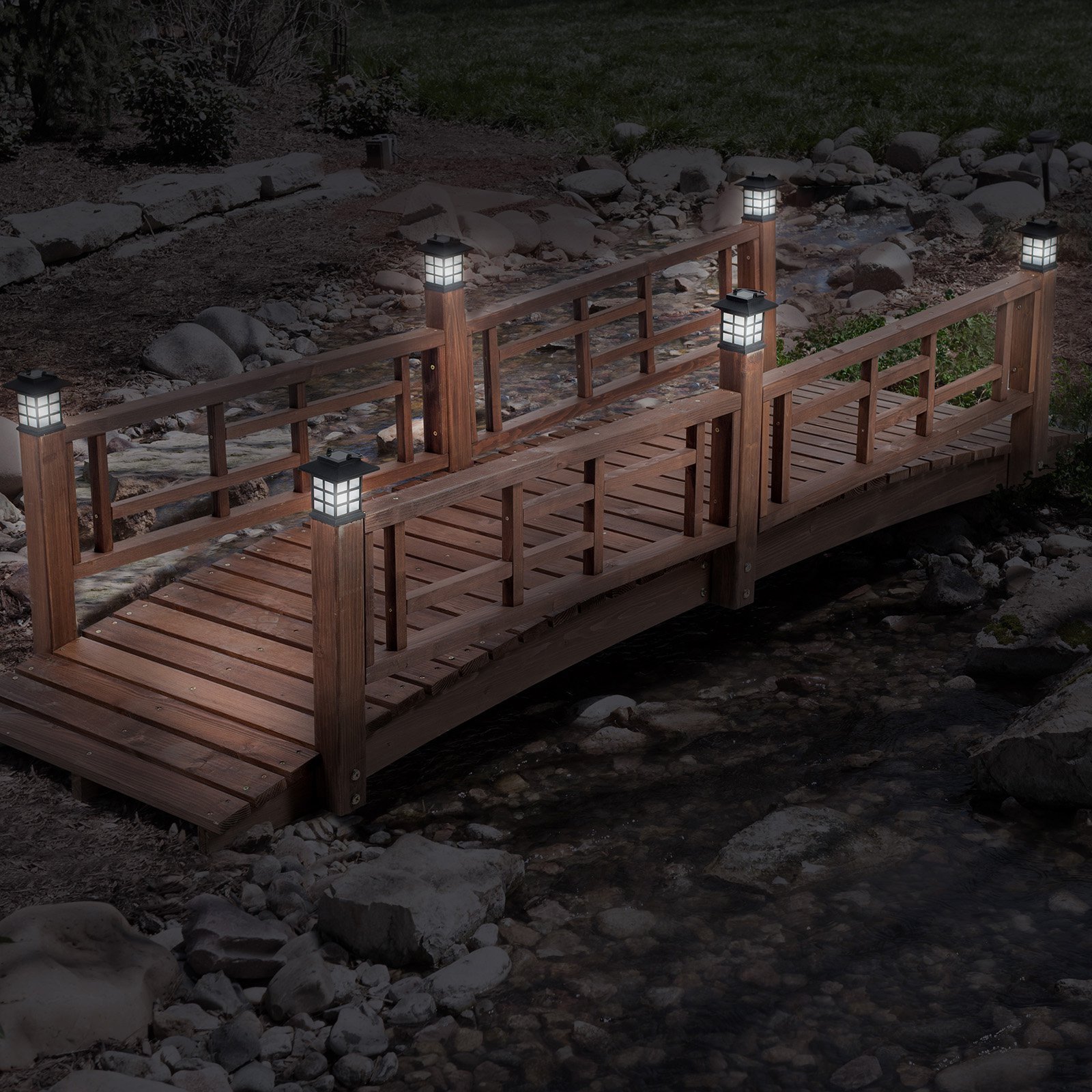 Brown Finish Wood 8 Foot Garden Bridge LED Lights Outdoor Yard Lawn Landscaping