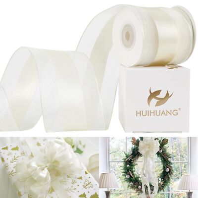 Ivory Sheer Wired Ribbon with Satin Stripe 2.5 inch Ivory Christmas Tree Ribb...