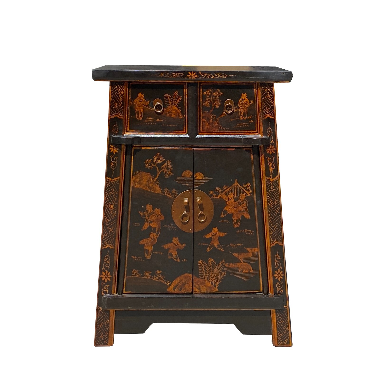 Chinese Rustic Black Copper Graphic End Table Nightstand cs7410S Chinese Rustic Black Copper Graphic End Table Nightstand cs7410S