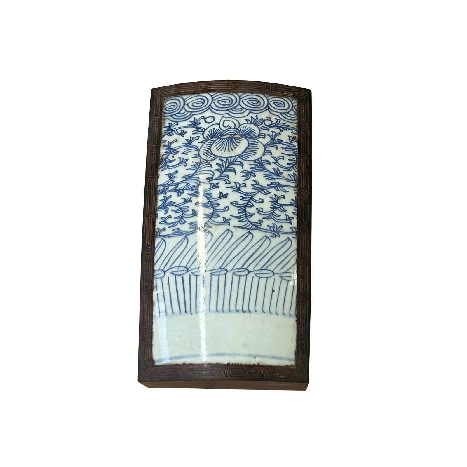 Chinese Old White Base Blue Scroll Flowers Porcelain Brown Wood Box ws4023S Chinese Old White Base Blue Scroll Flowers Porcelain Brown Wood Box ws4023S