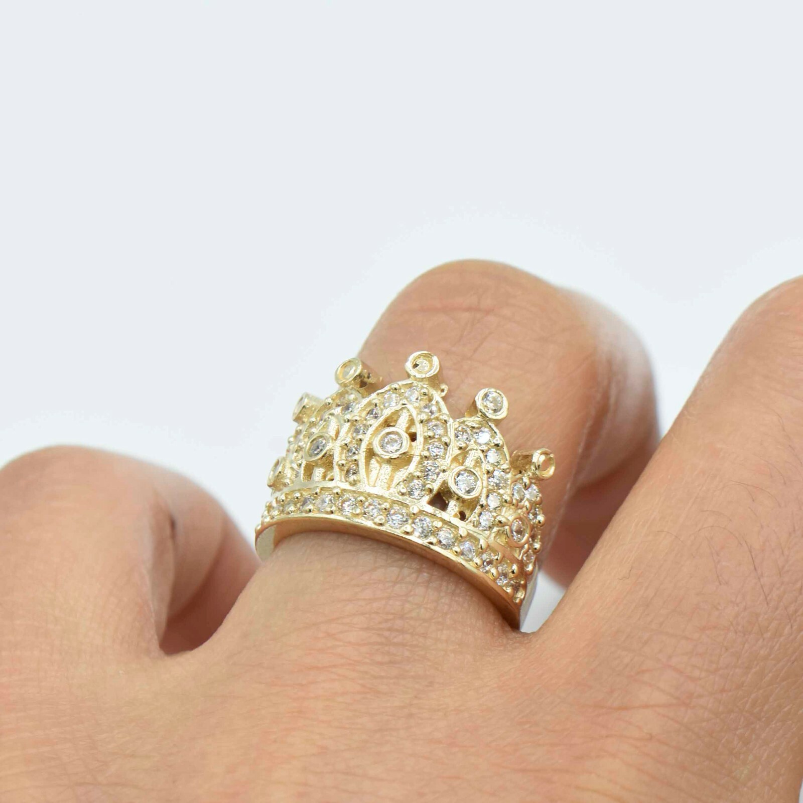 Pre-owned Bayam Cz Queen Crown Ring Real Solid 10k Yellow Gold Size 6.25