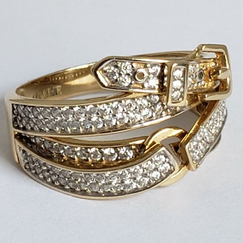Pre-owned Buckle Wide Real 14k Yellow Gold Belt  Ring Size 56789 1.5 Carat Cz In White